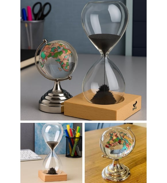 Kişiye Özel Manyetik Kum Saati ve Kristal Cam Dünya Küre Ofis Hediye Seti – Dekoratif Masa Üstü Aksesuar
