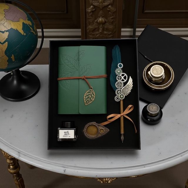 İsme Özel Yeşil Renk Divit Hokka Defter Ve Tüylü Kalem Seti