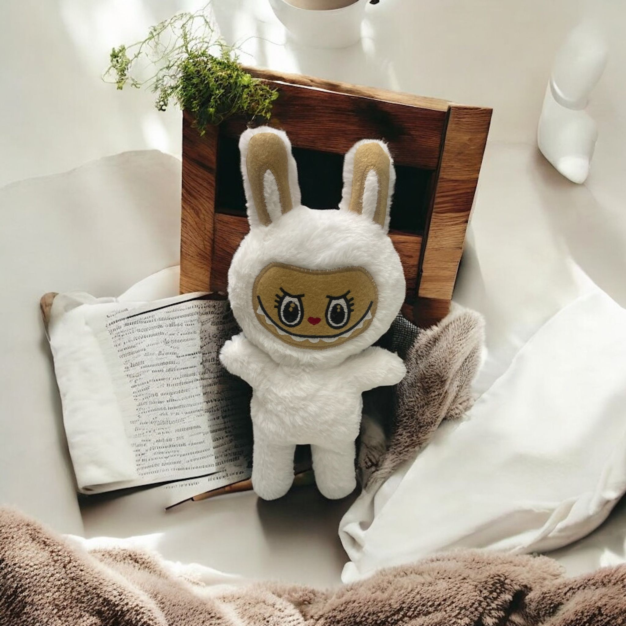 Mini Beyaz Tavşan Kostümlü Labubu Peluş Oyuncak