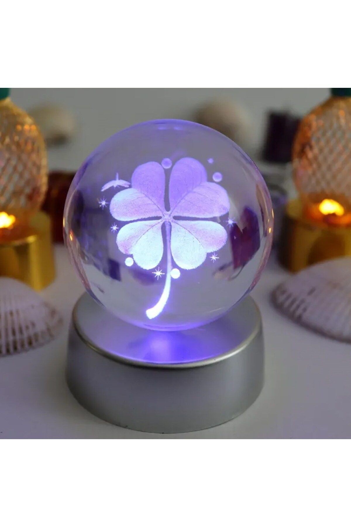 4 Yapraklı Yonca 3 Boyutlu Cam Işıklı Küre 6cm