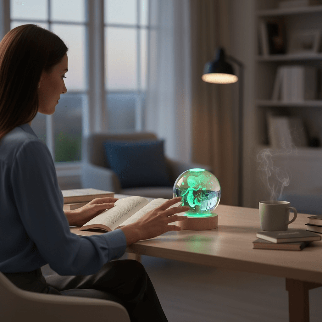 Kişiye Özel Büyük Boy Işıklı Ahşap Kaideli Deniz Kızı Temalı Cam Küre 8cm