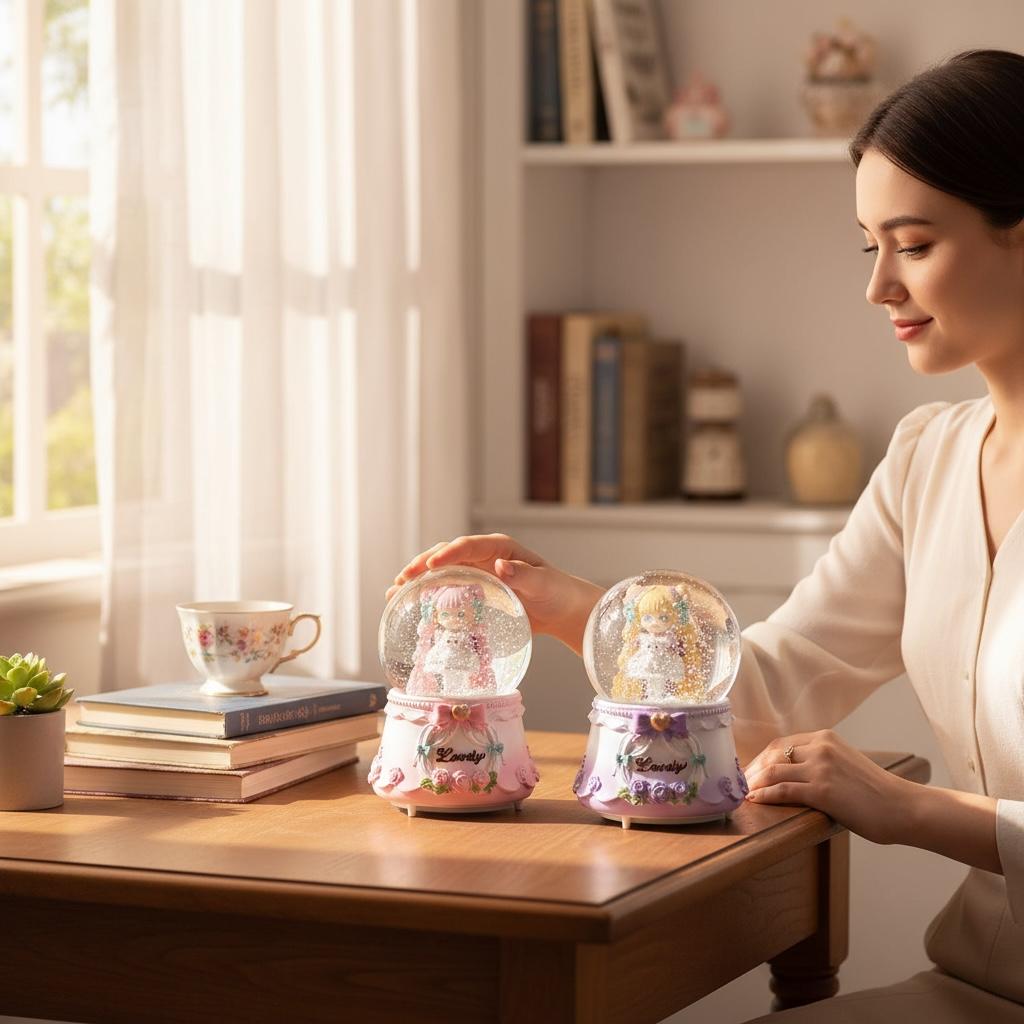 Sevimli Kız Büyük Boy Püskürtmeli Müzikli Işıklı Kar Küresi