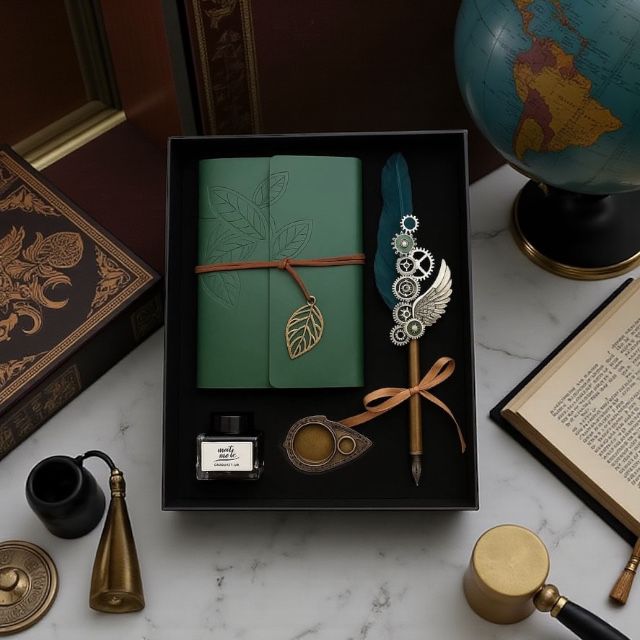 İsme Özel Yeşil Renk Divit Hokka Defter Ve Tüylü Kalem Seti