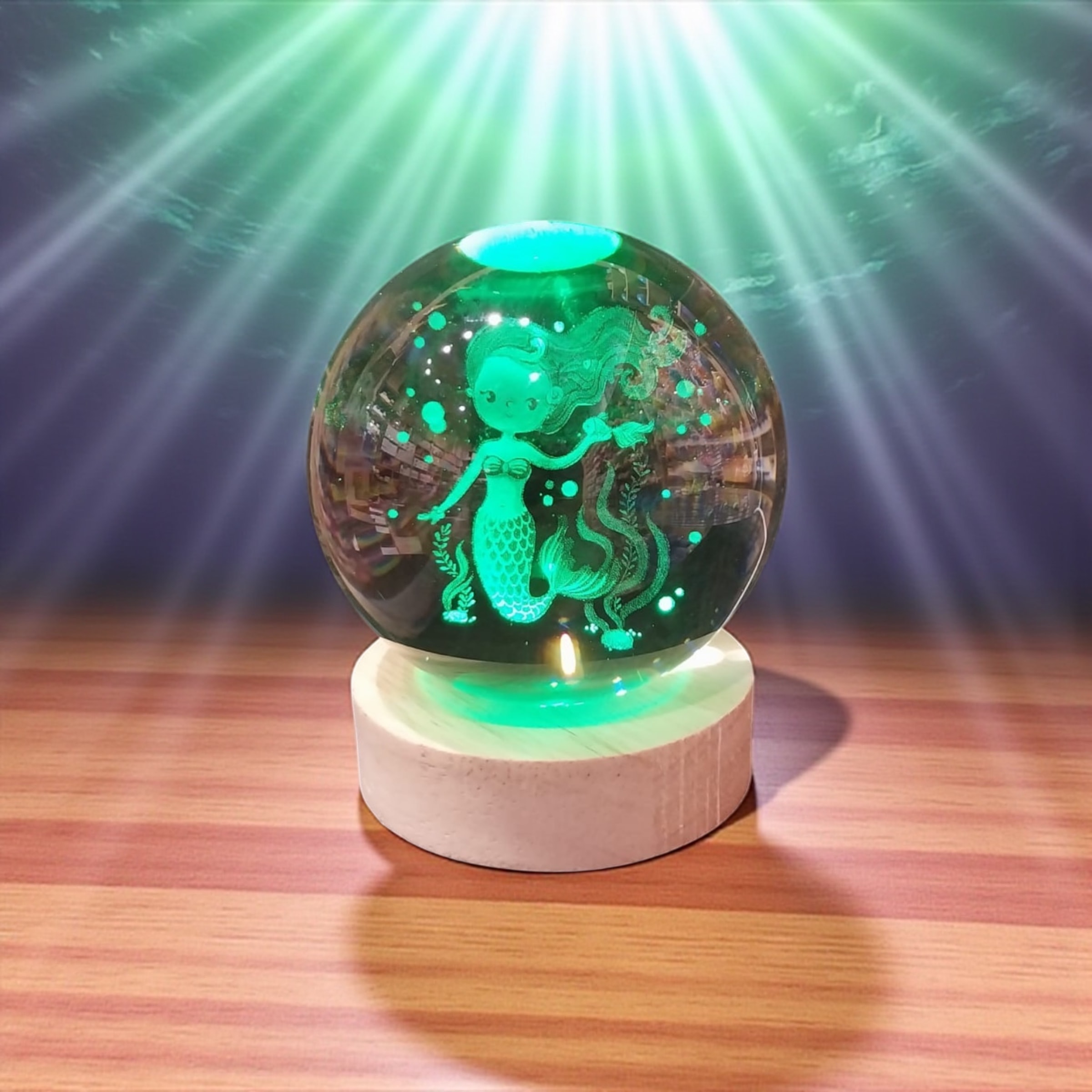 Kişiye Özel Büyük Boy Işıklı Ahşap Kaideli Deniz Kızı Temalı Cam Küre 8cm