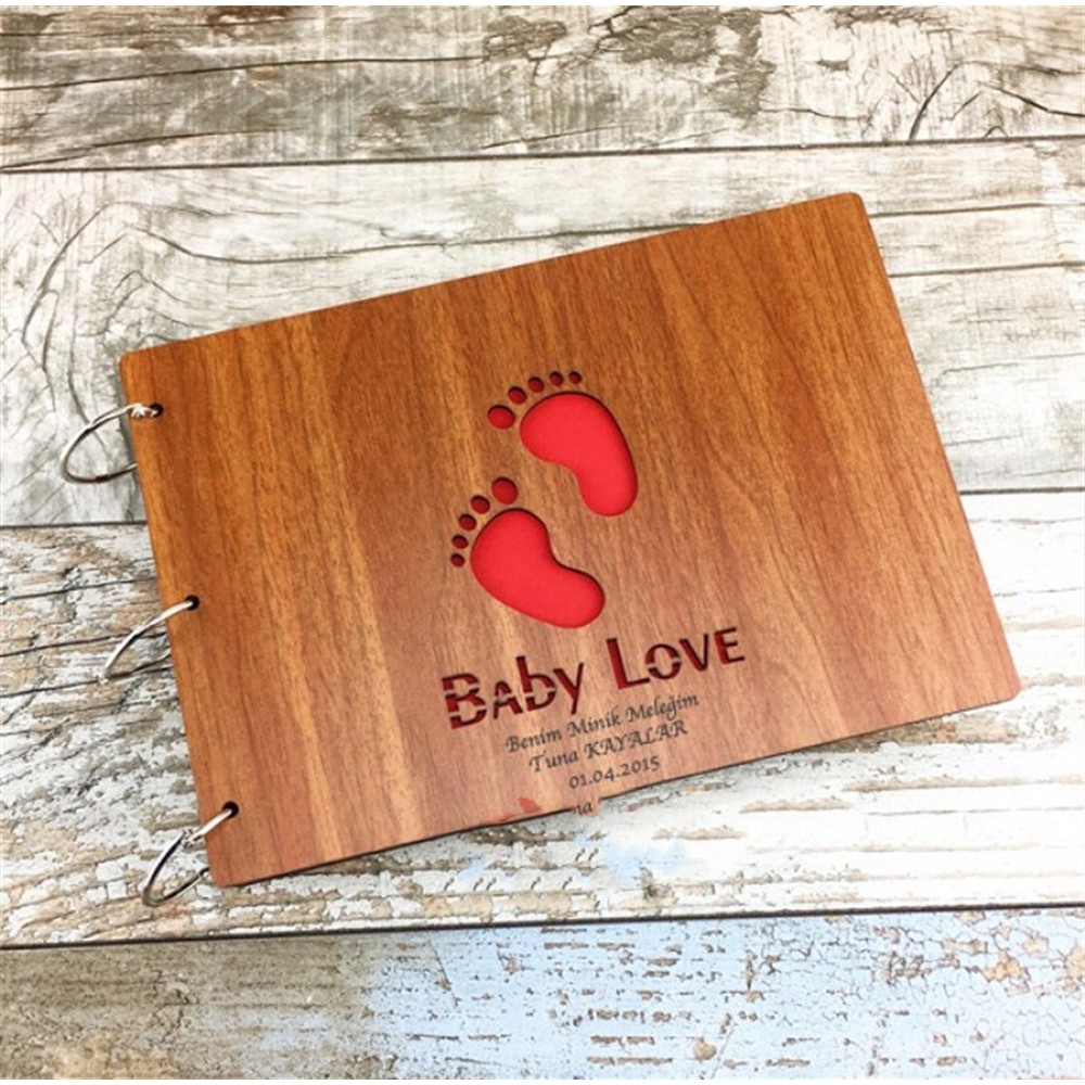 Doğum Hediyesi İsme Özel Ahşap Bebek Ayağı Temalı Kendin Yap Albüm Defter Baby Love