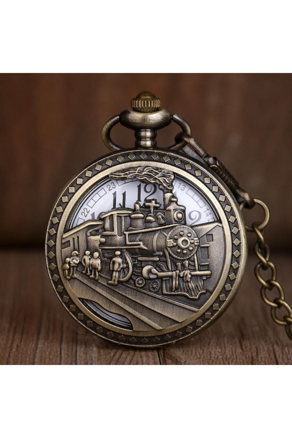 Retro Tasarımlı Quartz Tren Kabartmalı  Zincirli Köstekli Cep Saati