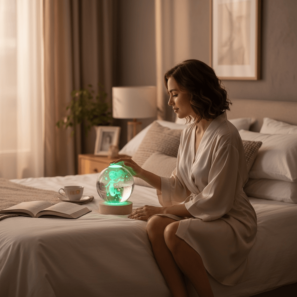 Kişiye Özel Büyük Boy Işıklı Ahşap Kaideli Deniz Kızı Temalı Cam Küre 8cm