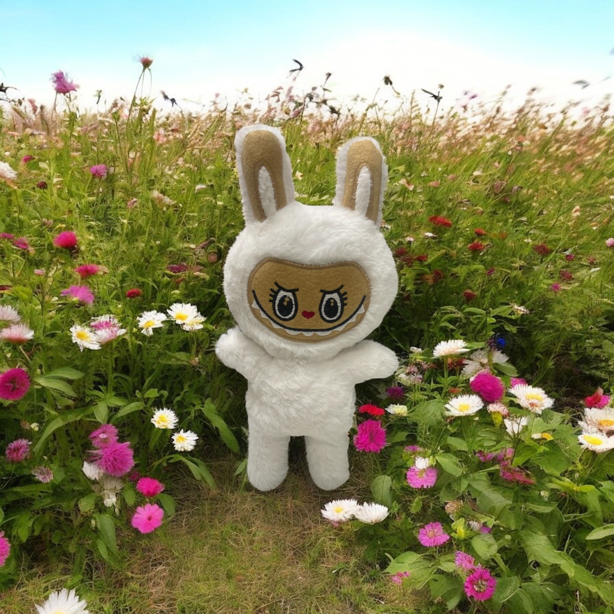 Mini Krem Tavşan Kostümlü Labubu Peluş Oyuncak