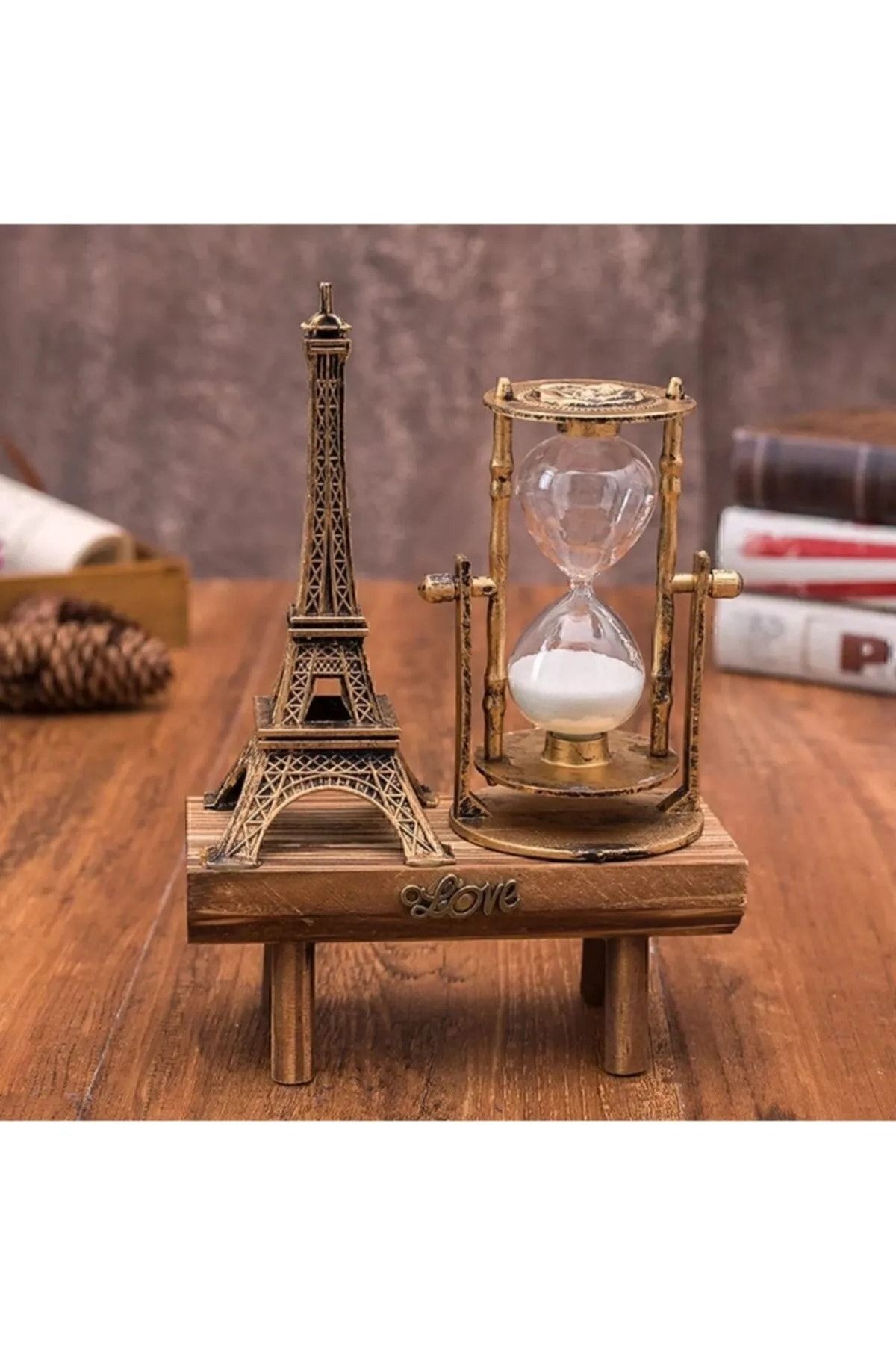 Eyfel Kulesi Paris Kum Saati Nostaljik Dekoratif Hediyelik Eiffel Retro Kum Saat Biblo Ahşap Standlı