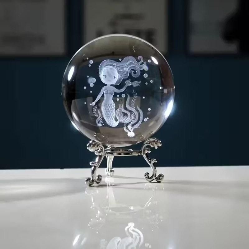 Dekoratif Metal Ayaklı Deniz Kızı Tasarımlı 3D Cam Küre 6cm