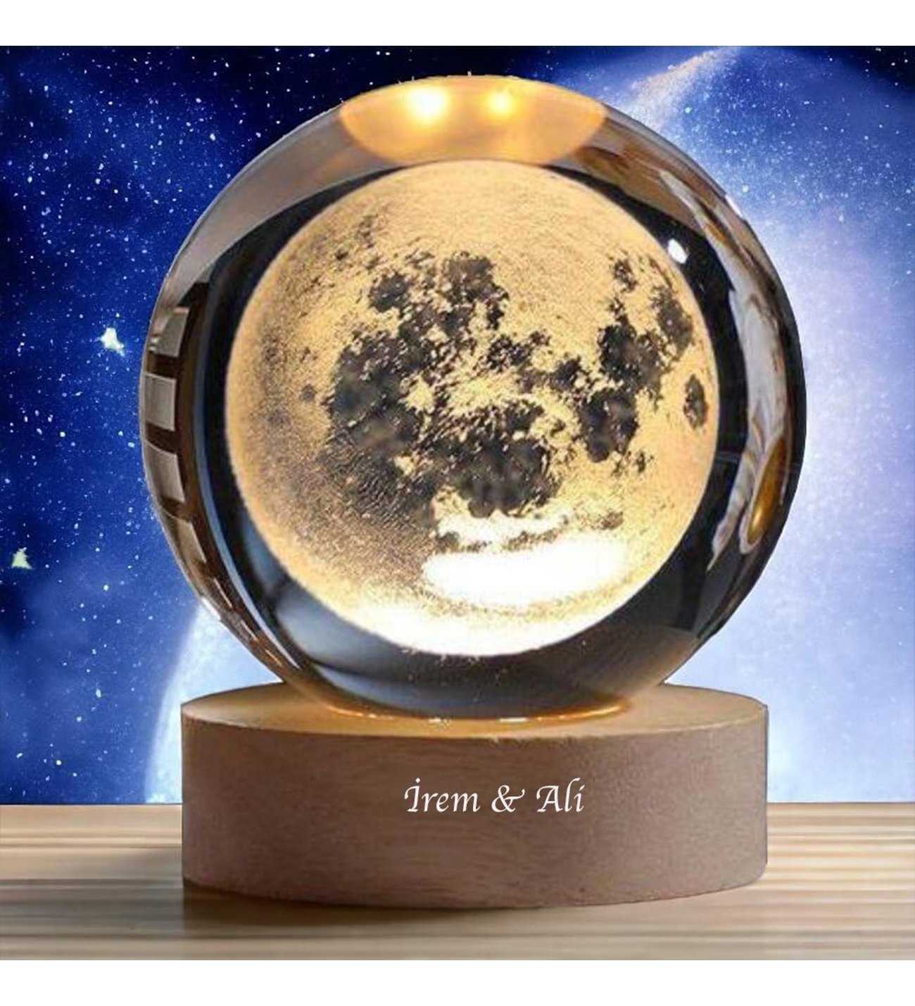 Kişiye Özel Büyük Boy 3D Ay Tasarımlı LED Işıklı Kristal Küre Gece Lambası