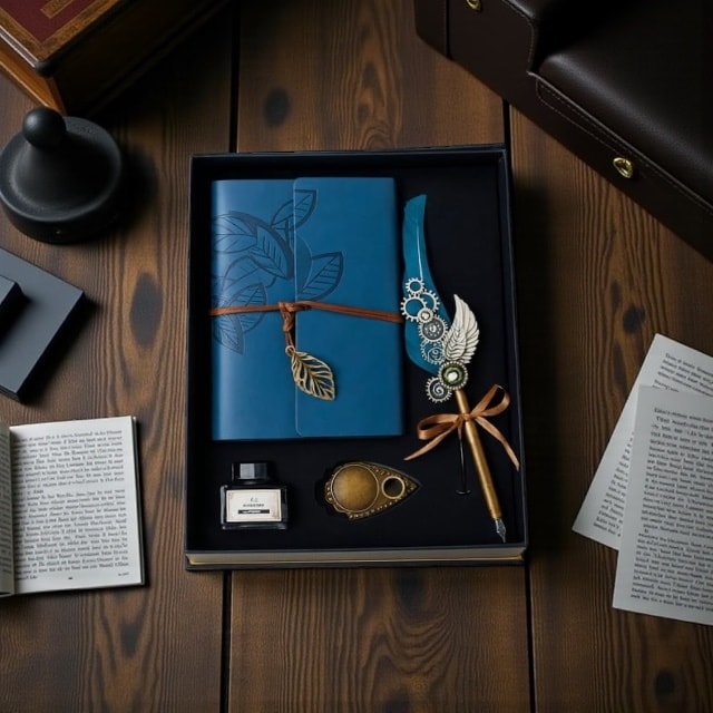 İsme Özel Mavi Renk Divit Hokka Defter Ve Tüylü Kalem Seti