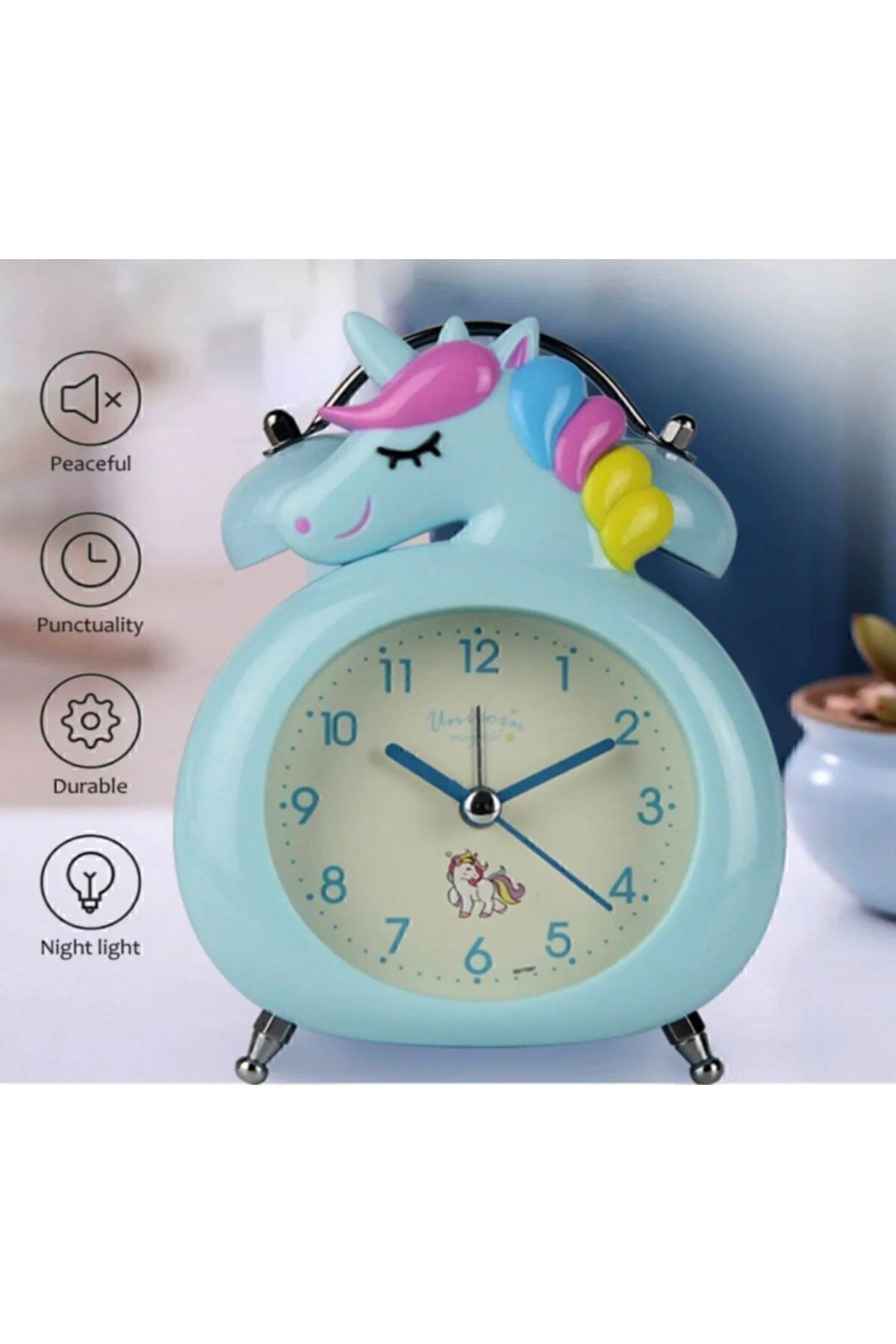 Unicorn Işıklı Alarmlı Masa Saati Çift Çanlı Akar Saniyeli Dekoratif Çalar Saat