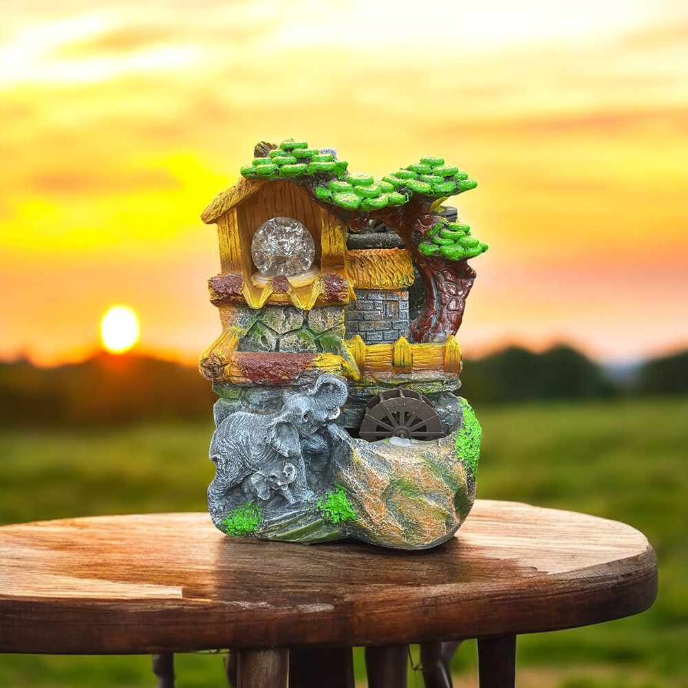 Fil Figürlü Işıklı Mini Şelale Masaüstü Süsü – Su Değirmenli, Polyester & Reçine, 27x19x15 cm