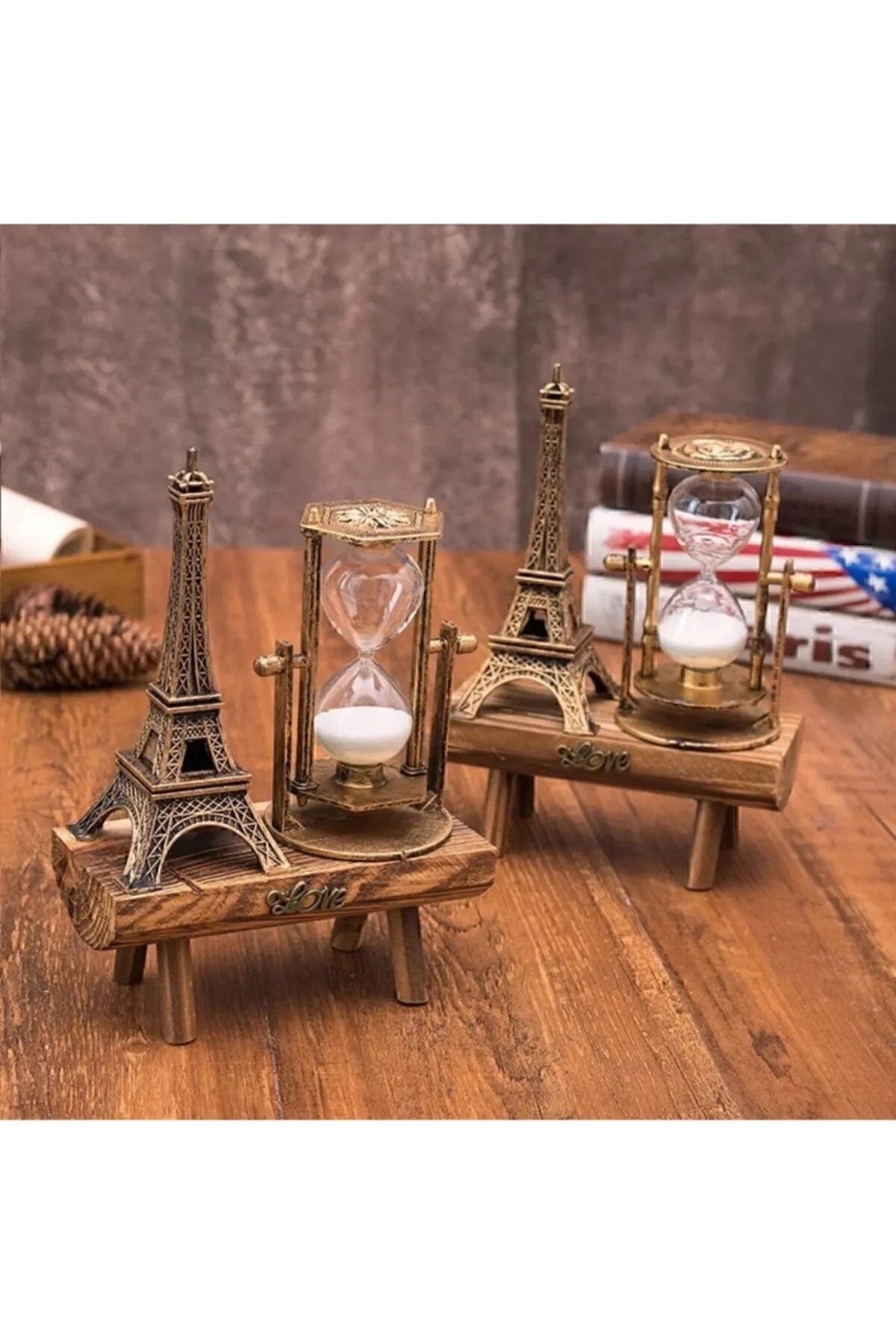 Eyfel Kulesi Paris Kum Saati Nostaljik Dekoratif Hediyelik Eiffel Retro Kum Saat Biblo Ahşap Standlı