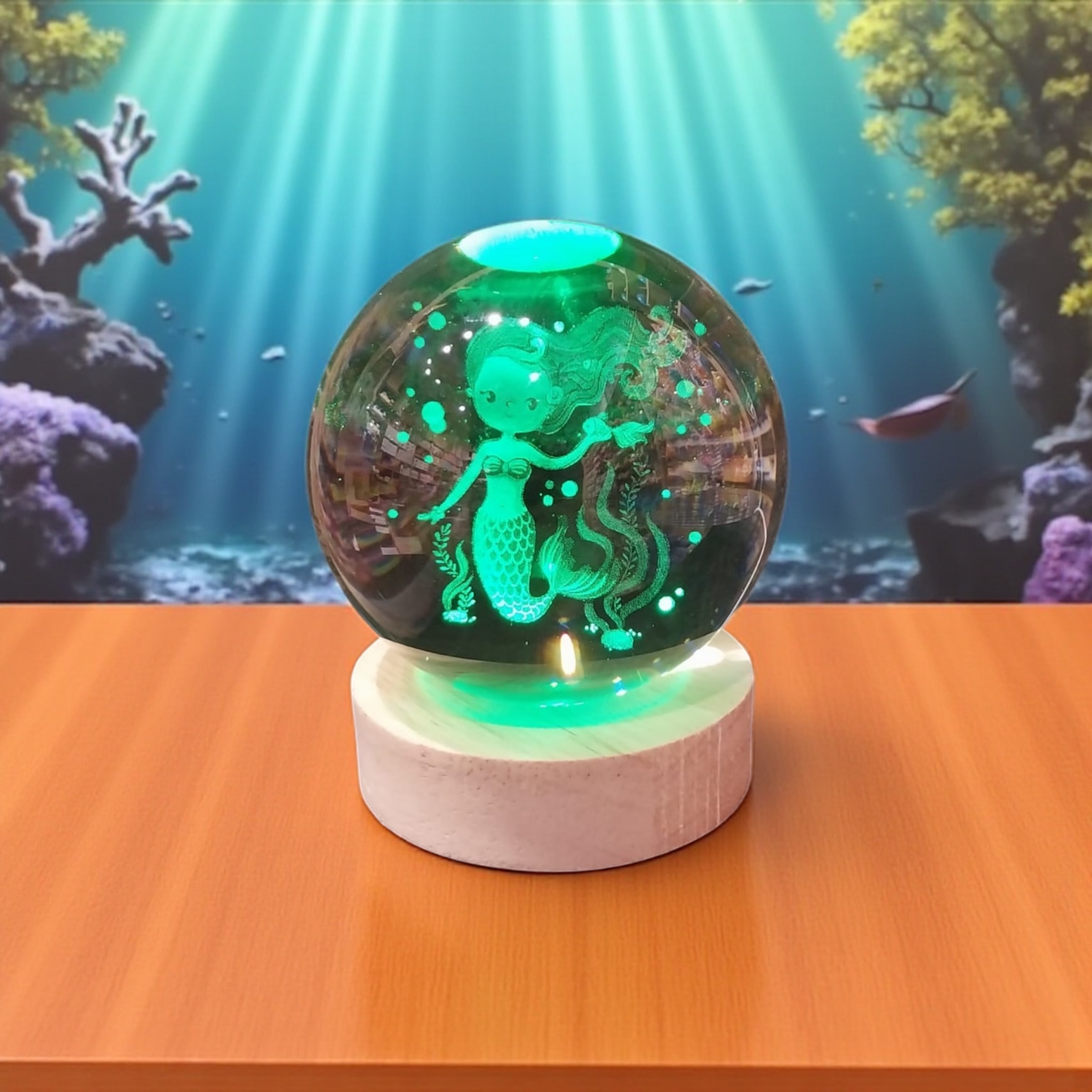 Kişiye Özel Büyük Boy Işıklı Ahşap Kaideli Deniz Kızı Temalı Cam Küre 8cm