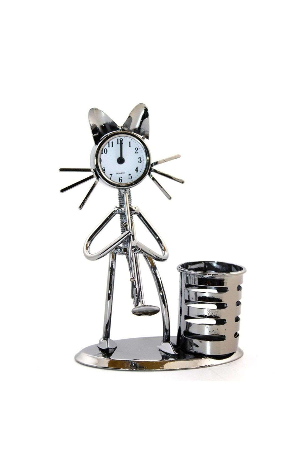 Kedi Tasarımlı Metal Saatli Kalemlik
