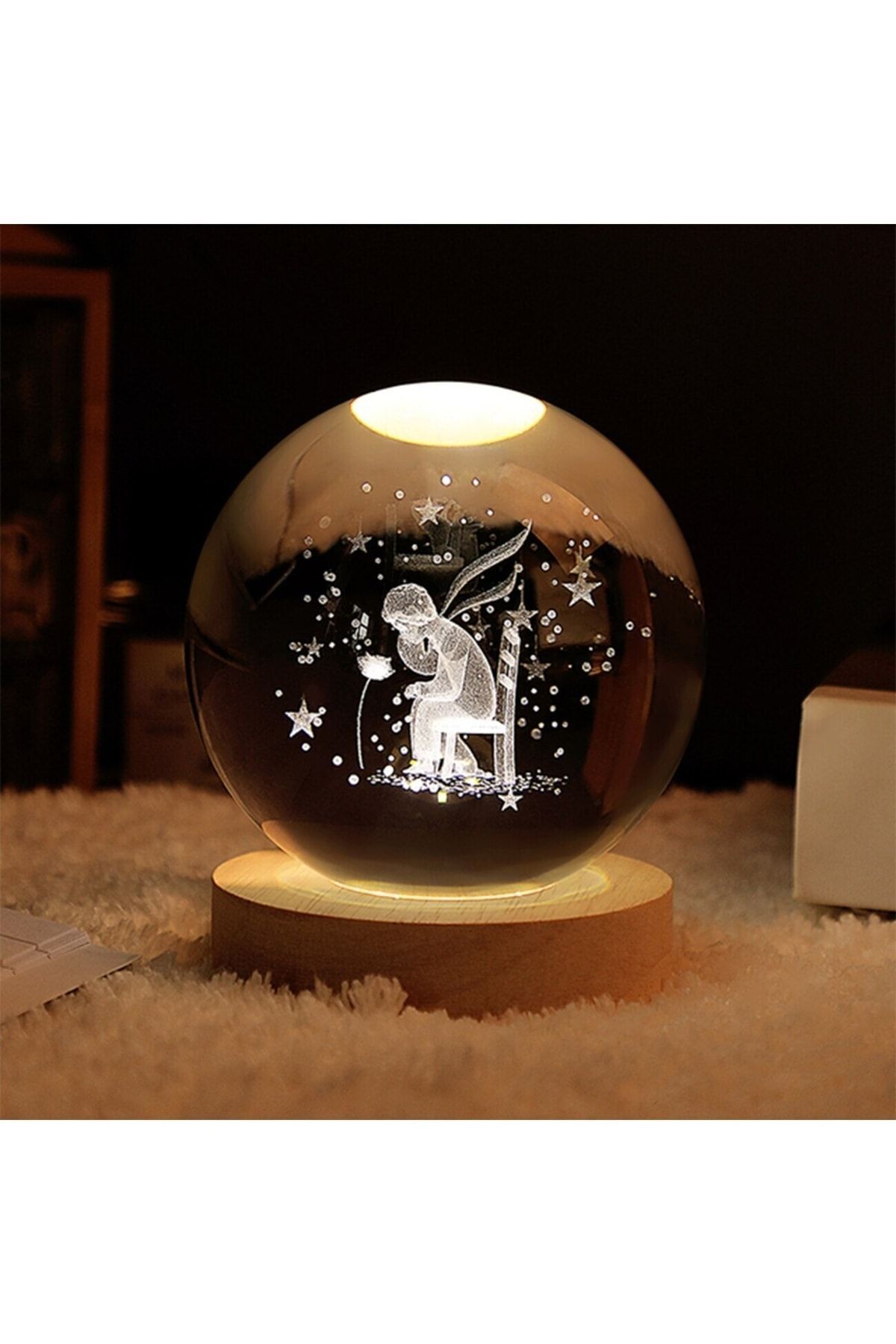 Kişiye Özel Işıklı Ahşap Kaideli Küçük Prens Cam Küre 8cm*6cm