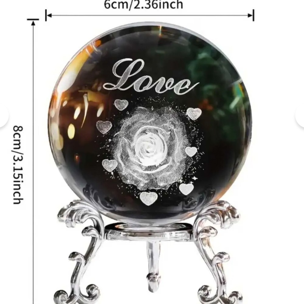 Dekoratif Metal Ayaklı Love Yazılı Kalp Desenli Kristal Cam Küre 6cm