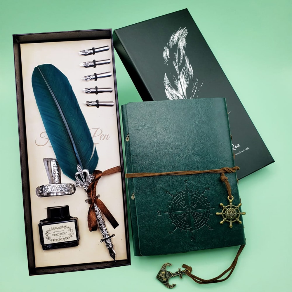 Kişiye Özel Deri Defter ve Tüylü Mürekkepli Kalem Seti