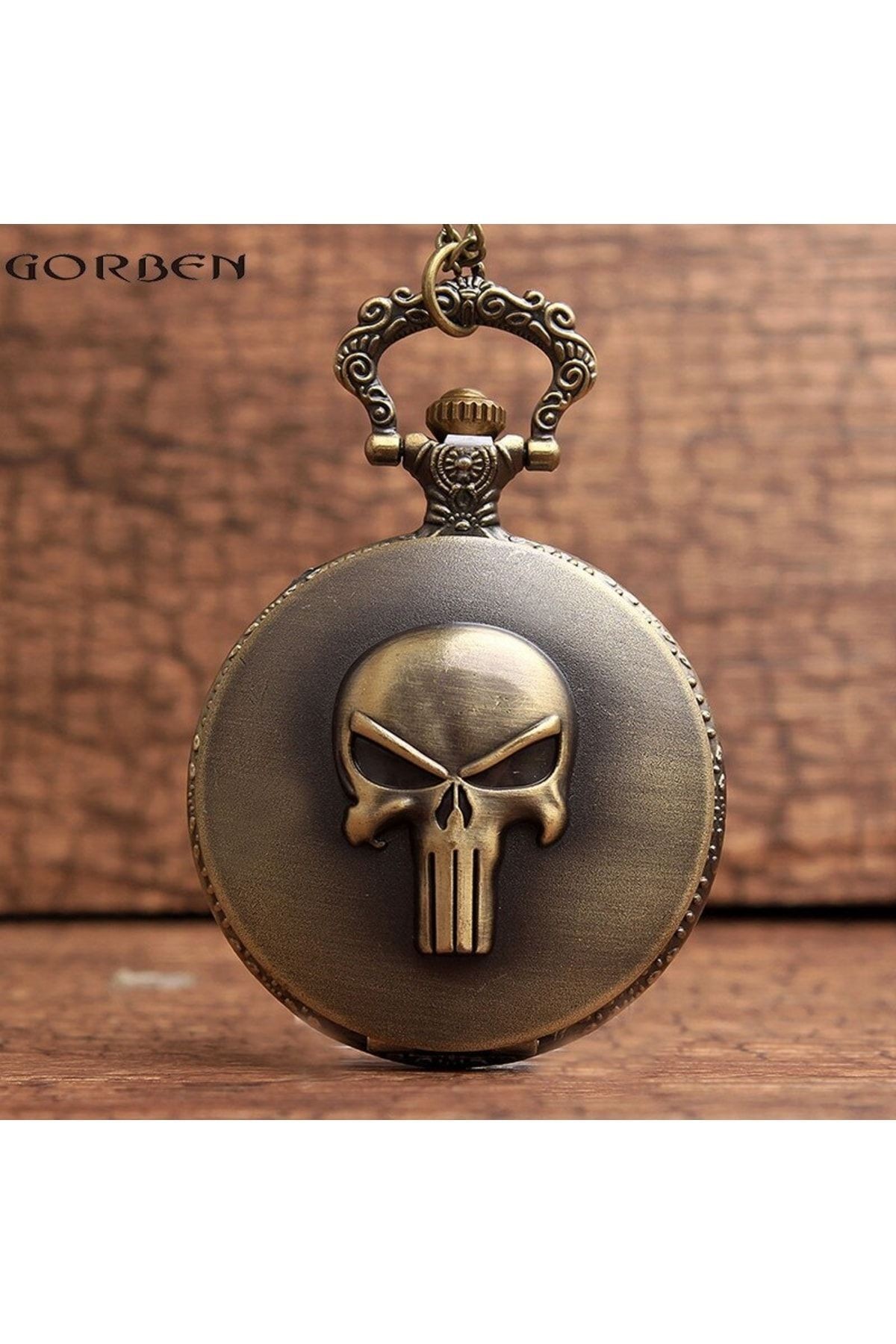 Punisher Kabartmalı Zincirli Köstekli Cep Saati