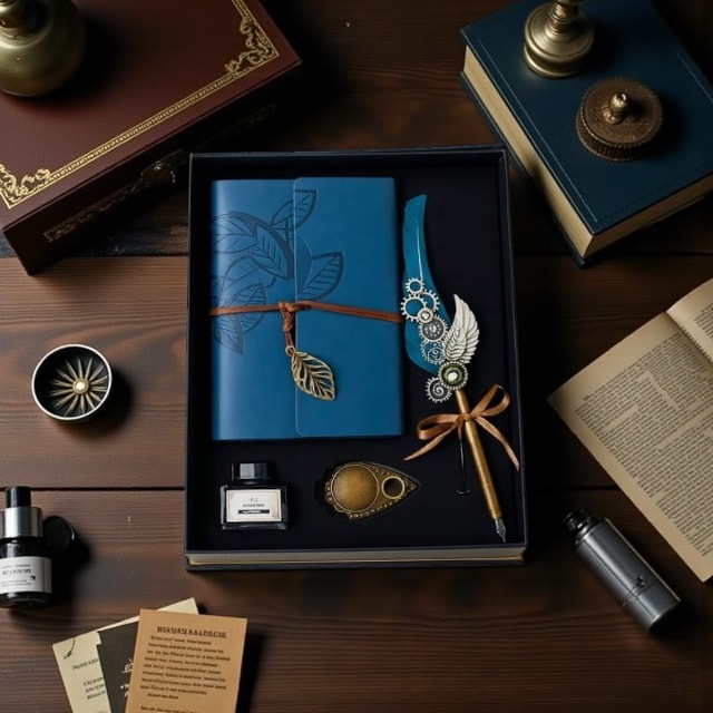 İsme Özel Mavi Renk Divit Hokka Defter Ve Tüylü Kalem Seti