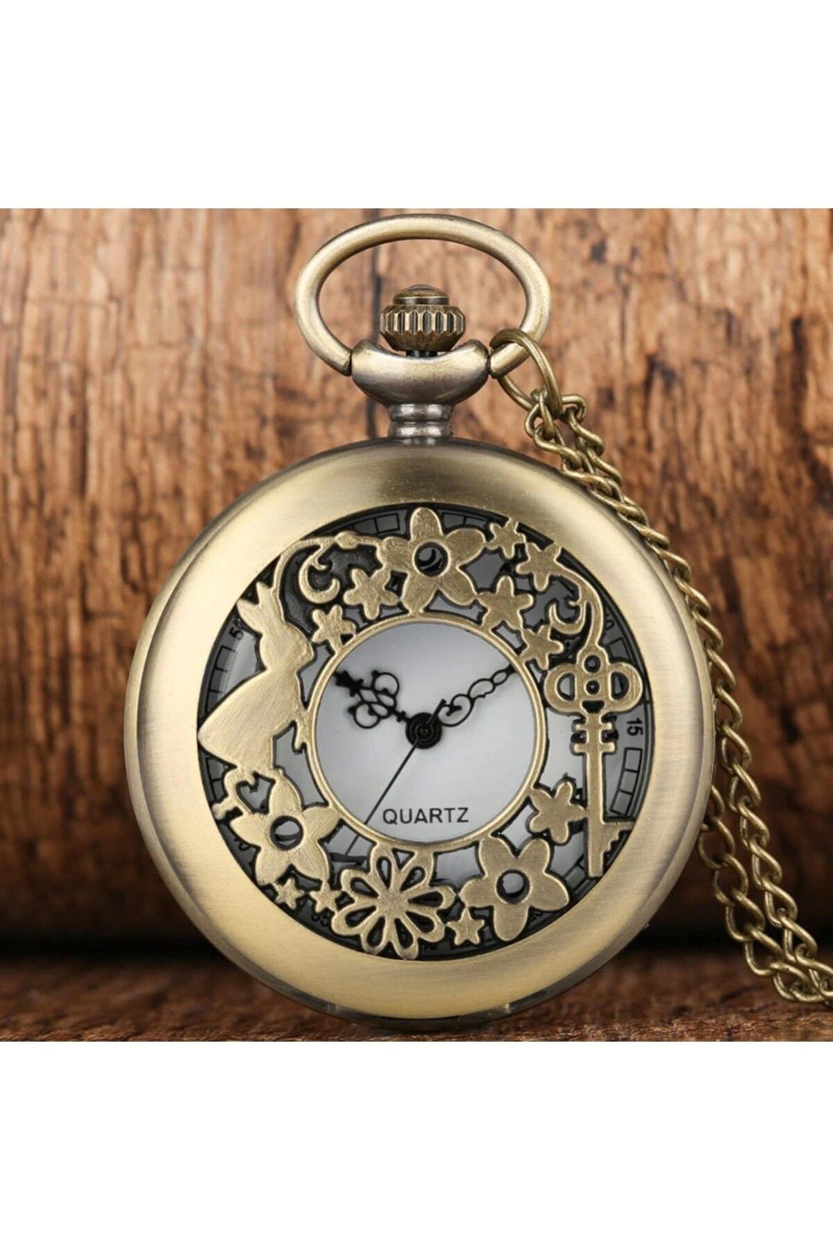 Kişiye Özel Retro Alice Harikalar Diyarında Kabartmalı Quartz Köstekli Kolye Saat