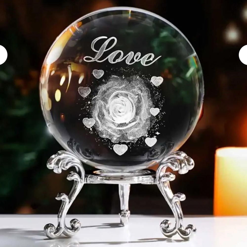 Dekoratif Metal Ayaklı Love Yazılı Kalp Desenli Kristal Cam Küre 6cm