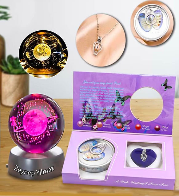 Kişiye Özel Satürn Kız Işıklı Cam Küre & İstiridye İçinde Gerçek İnci Kolye