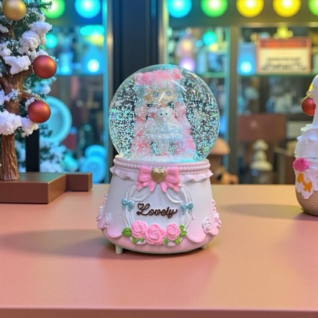 Sevimli Kız Büyük Boy Püskürtmeli Müzikli Işıklı Kar Küresi