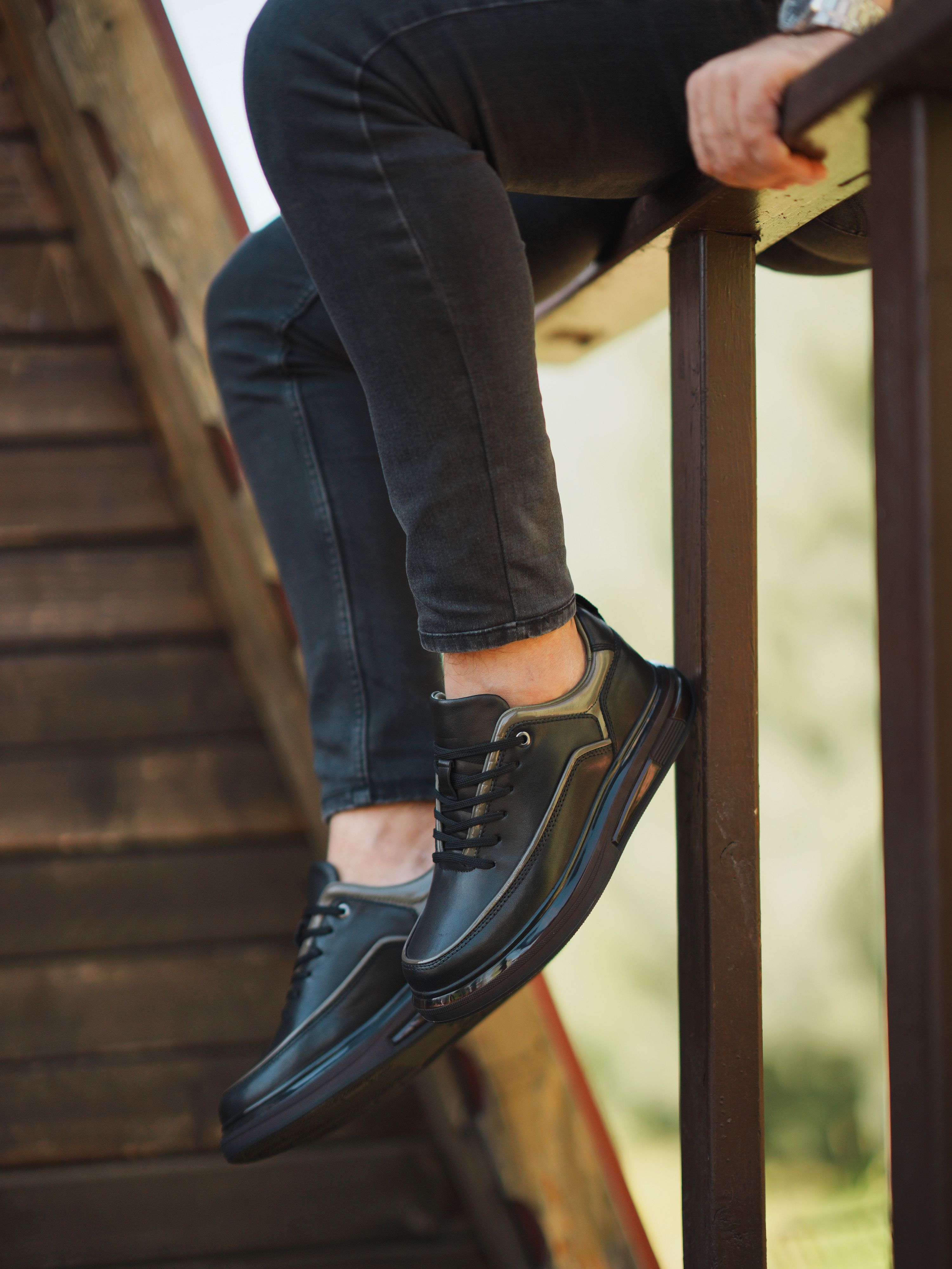HAKİKİ DERİ AİR TABAN GÜNLÜK ERKEK SNEAKER AYAKKABI - Siyah