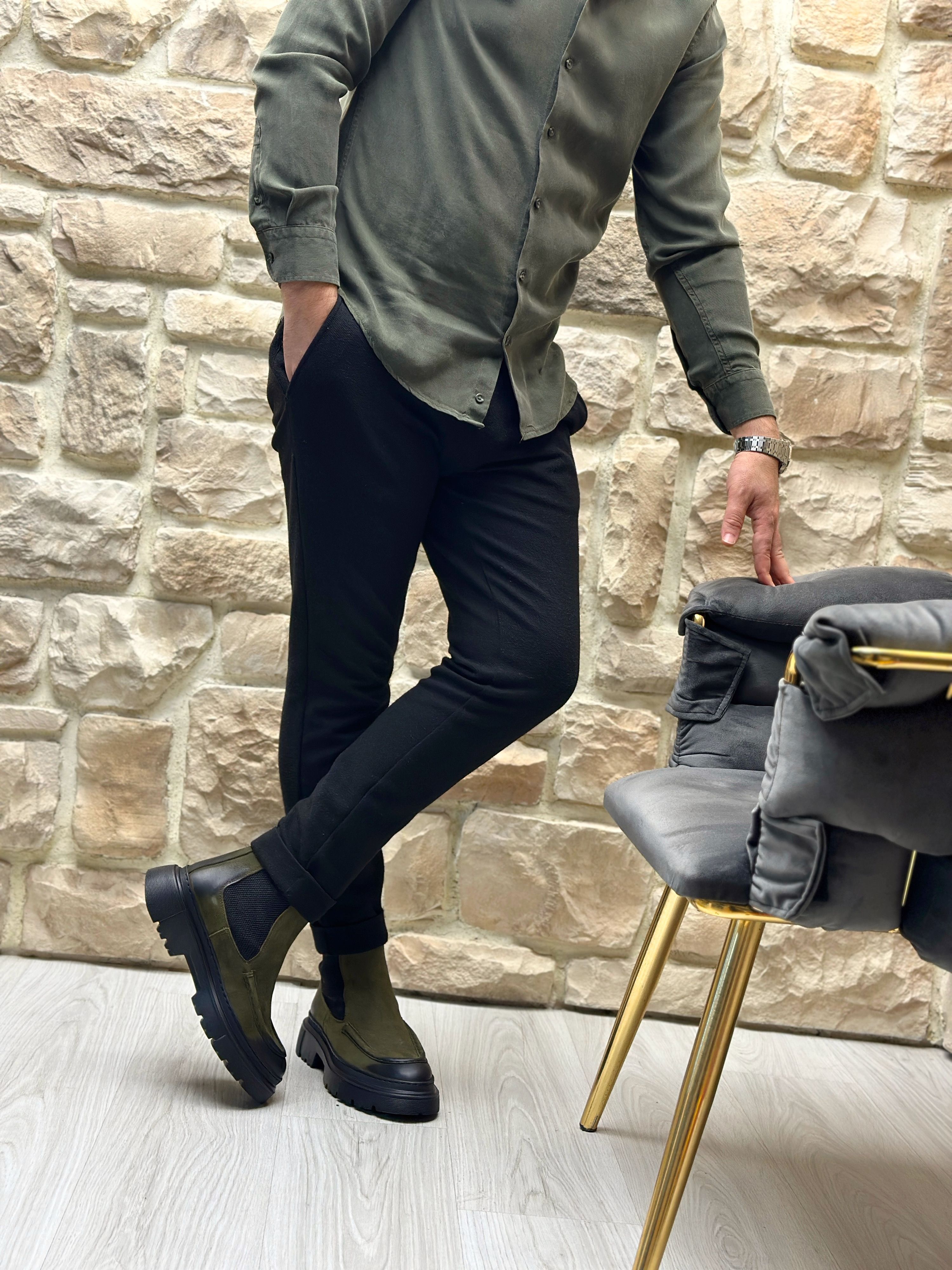 NAYRO HAKİKİ DERİ EVA TABAN GÜNLÜK ERKEK BOT - haki yeşil