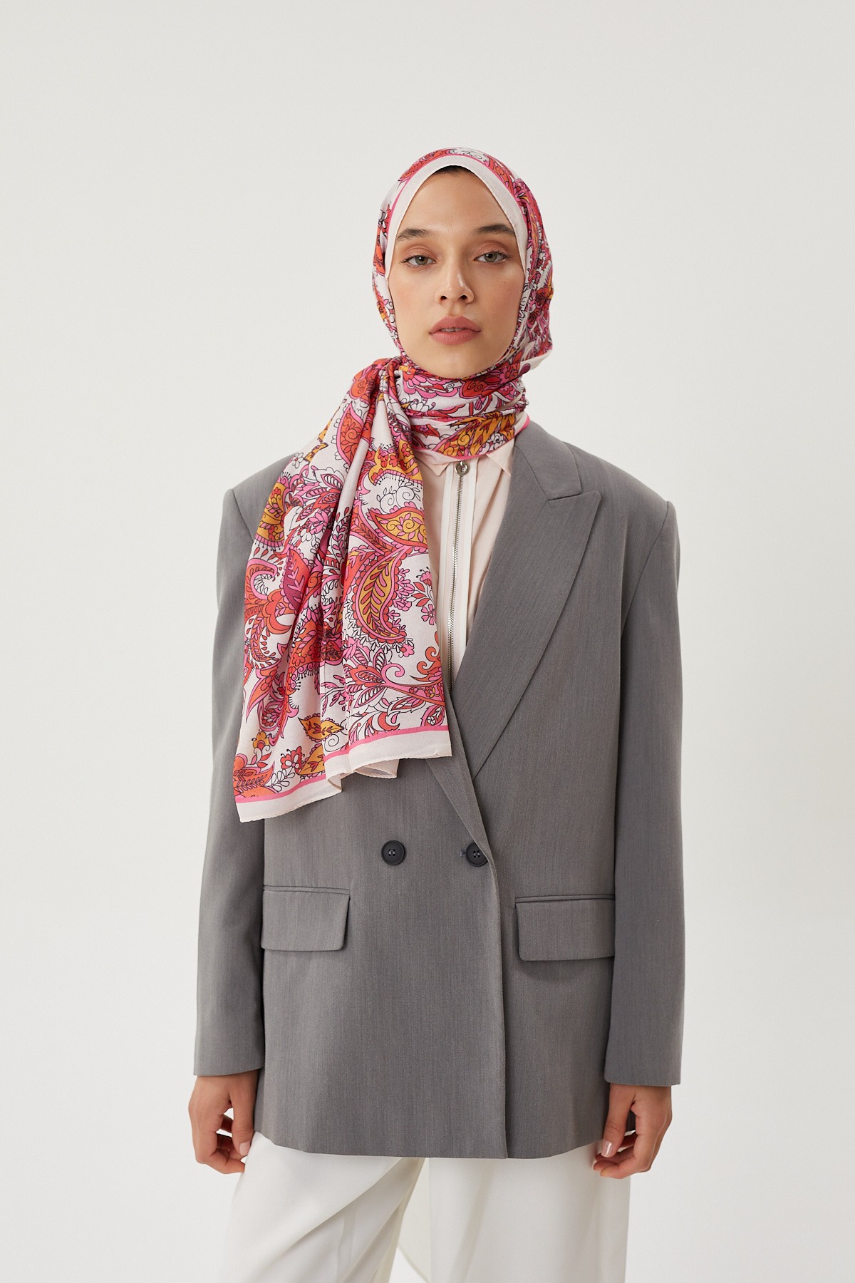 Ekru & Pastel Pembe Retro Desen Şal	
