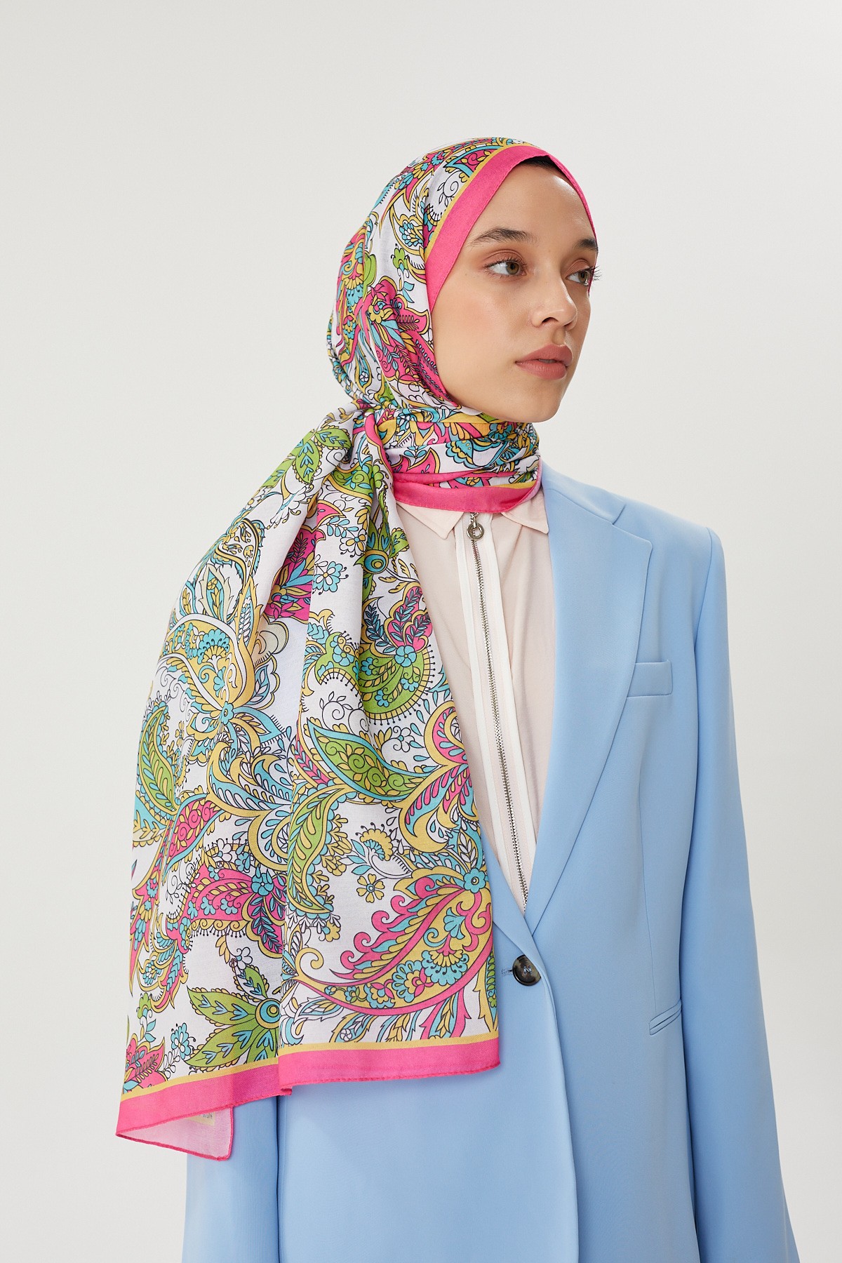 Fuşya & Taş Retro Desen Şal	