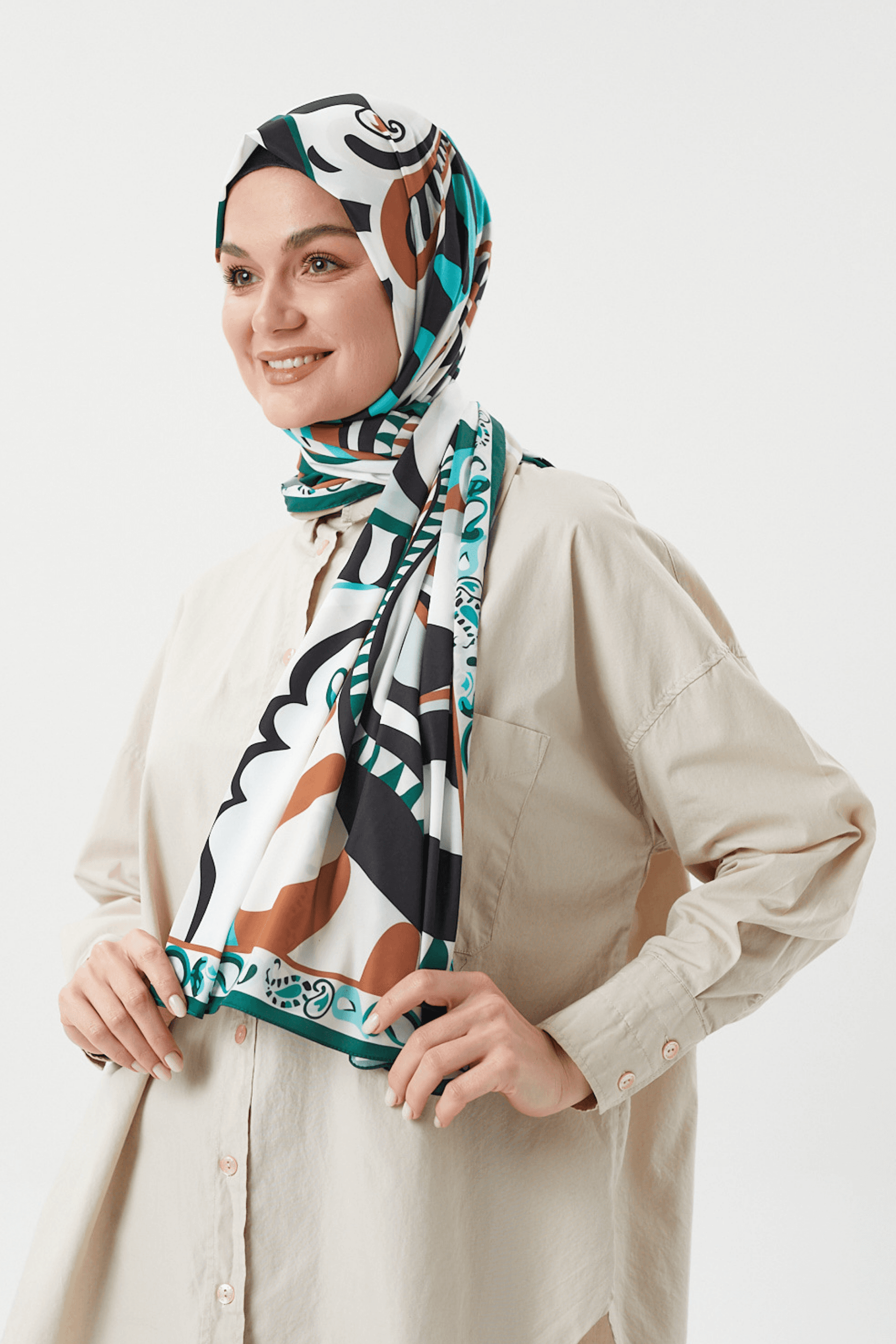 Pastel Haki Dila Desen İpeksi Şal	