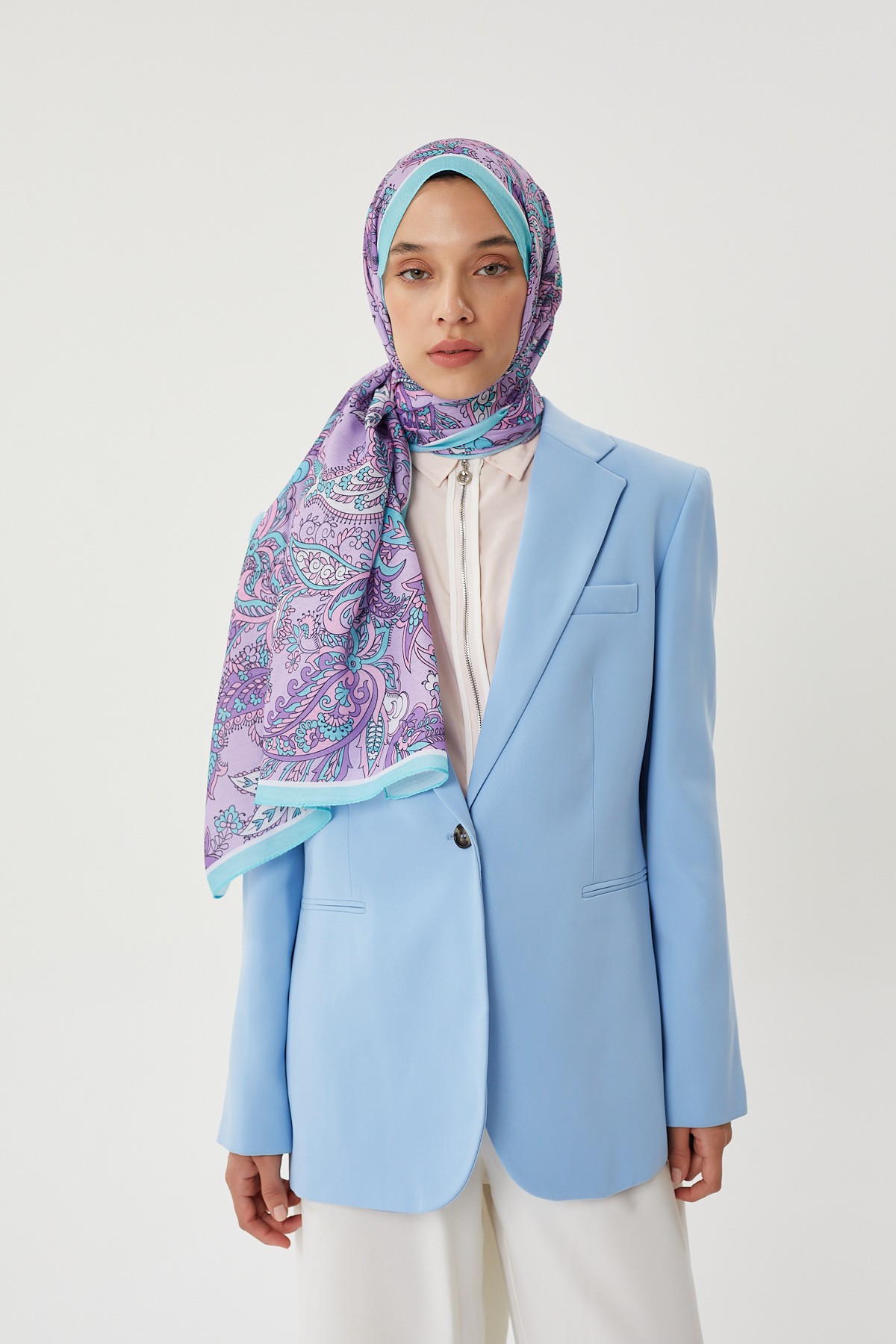 Turkuaz & Lila Retro Desen Şal	