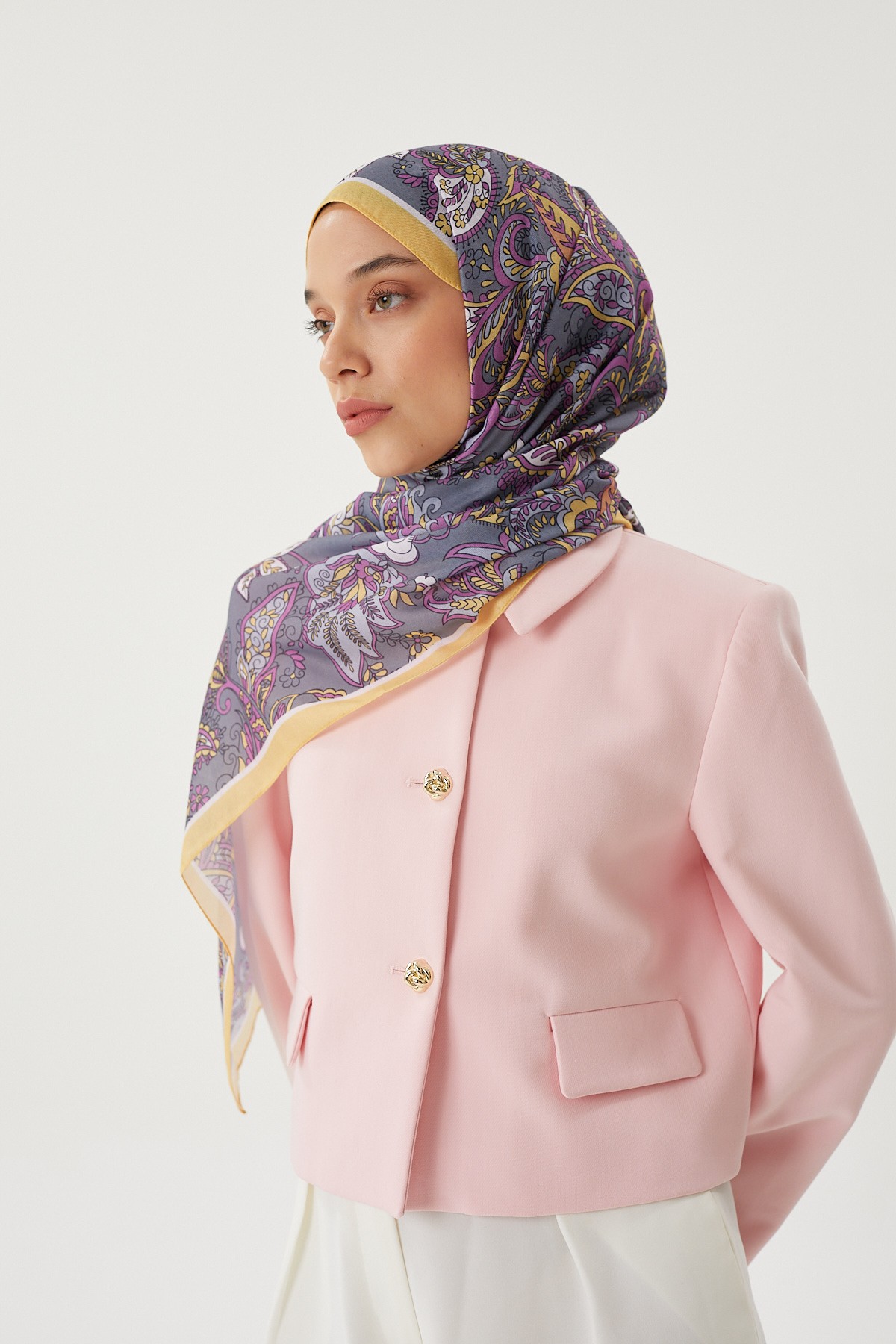 Pastel Sarı & Gri Retro Desen Şal	