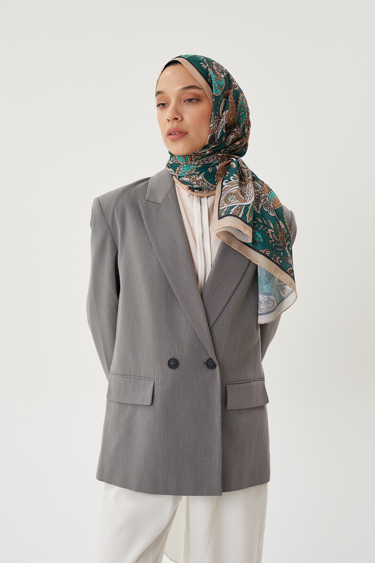 Bej & Haki Retro Desen Şal	