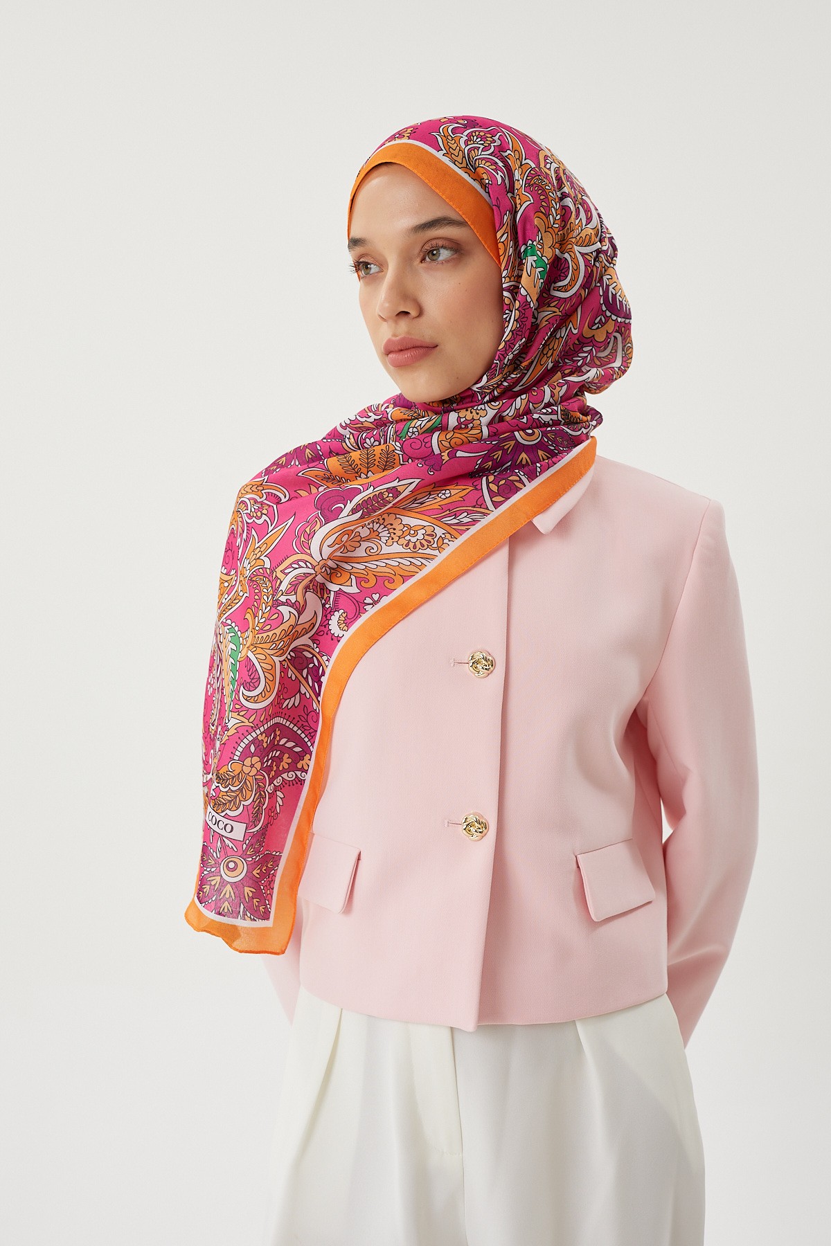 Turuncu & Fuşya Retro Desen Şal	