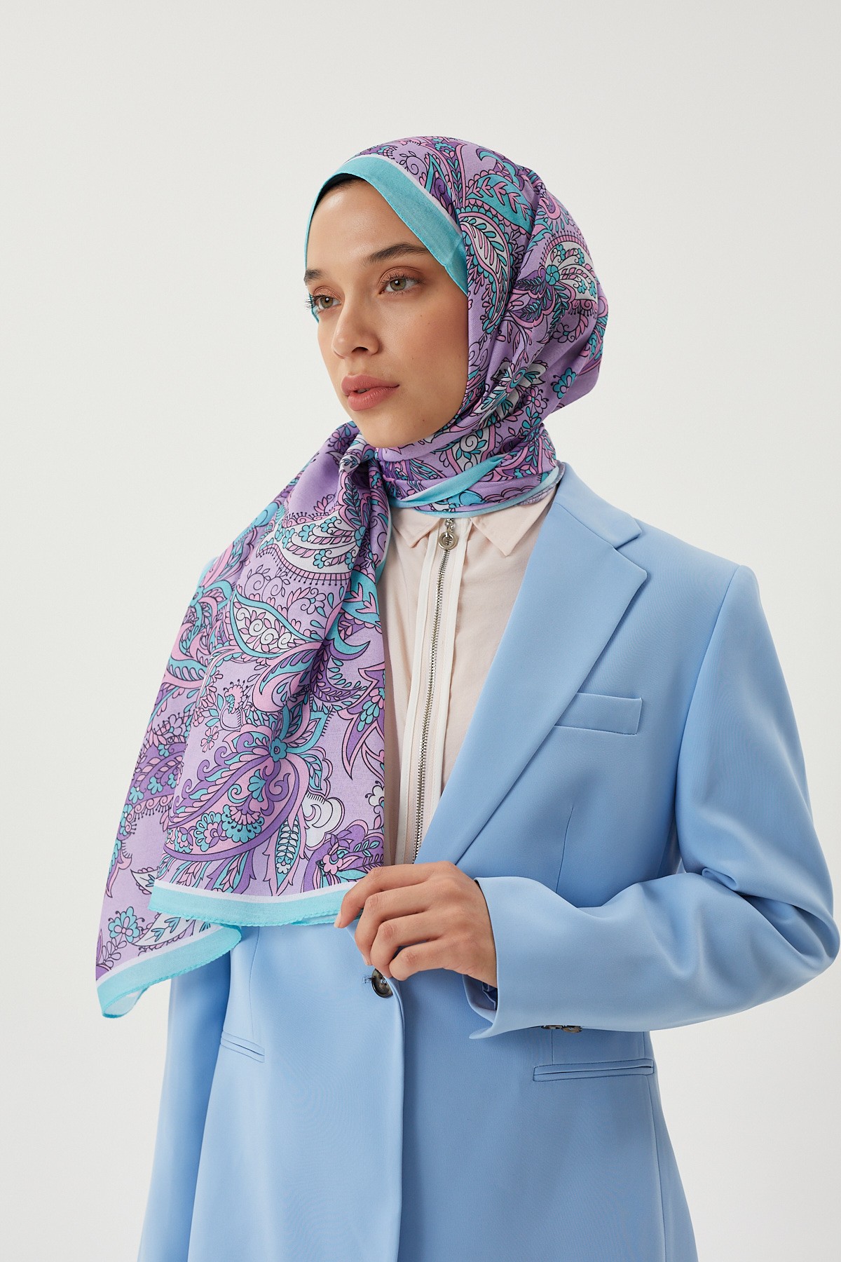 Turkuaz & Lila Retro Desen Şal	