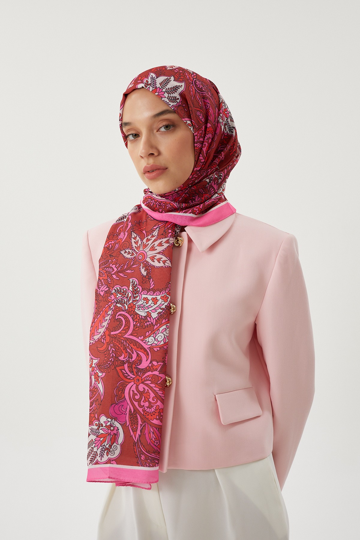 Şeker Pembe & Kiremit Retro Desen Şal	