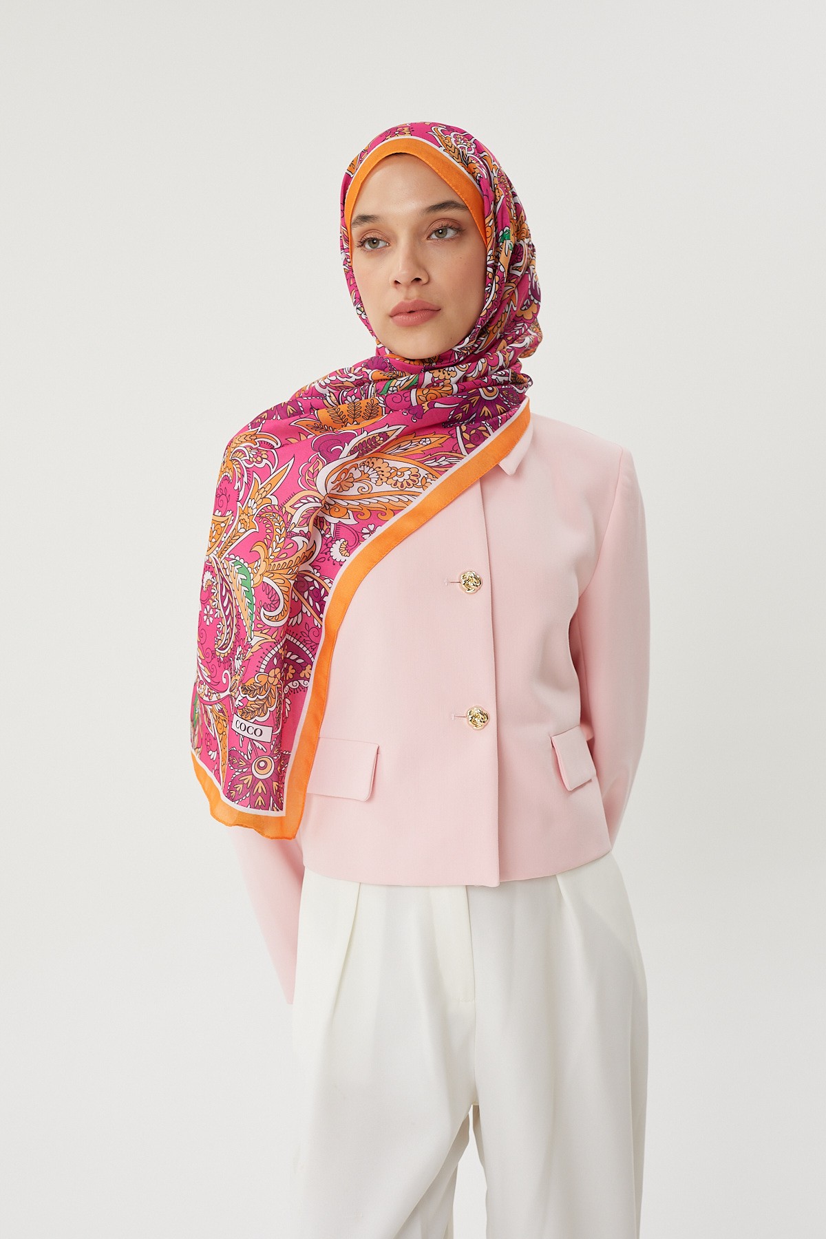 Turuncu & Fuşya Retro Desen Şal	