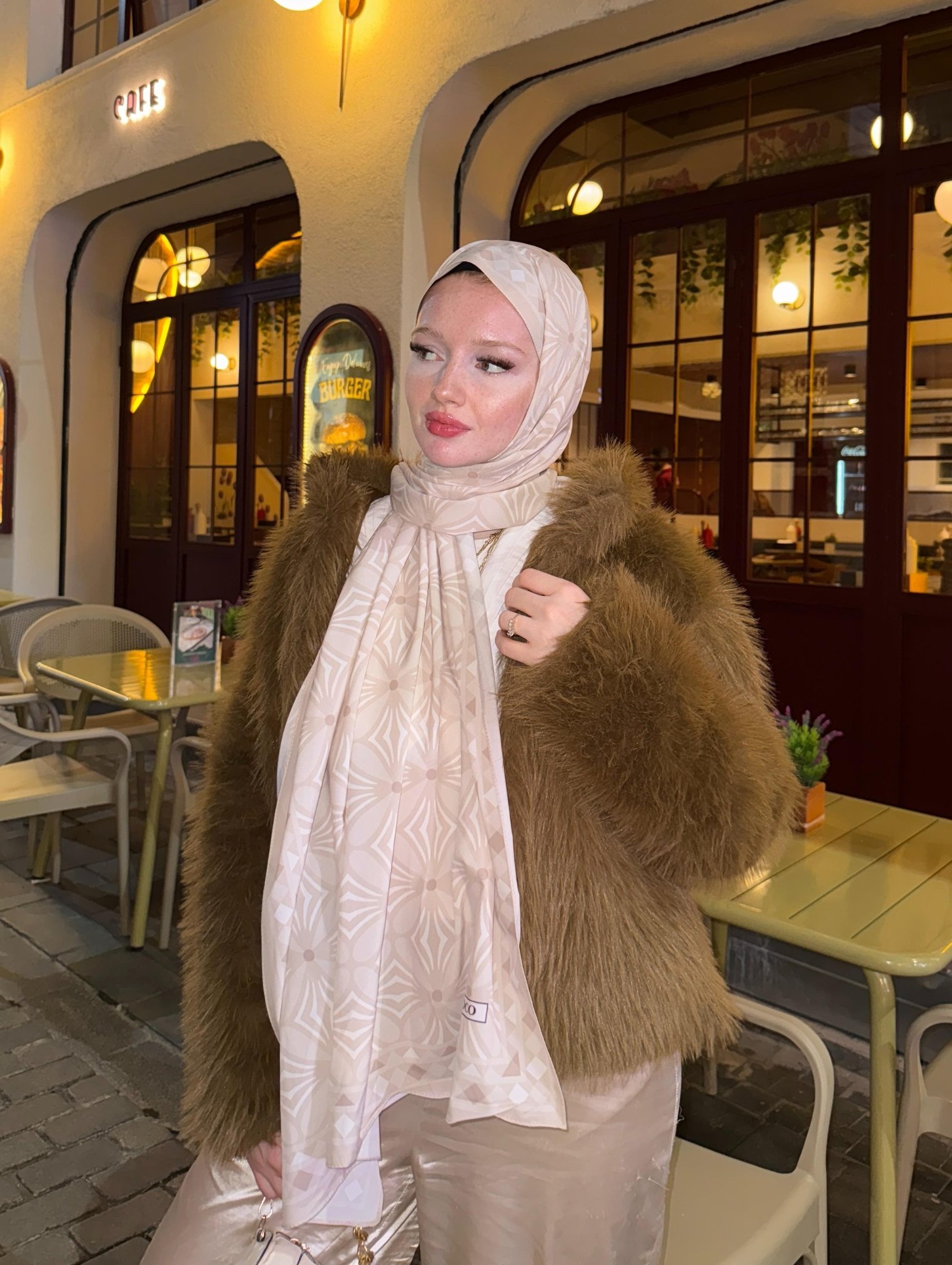 Bej Yonca Desen Pamuk Vual Şal	