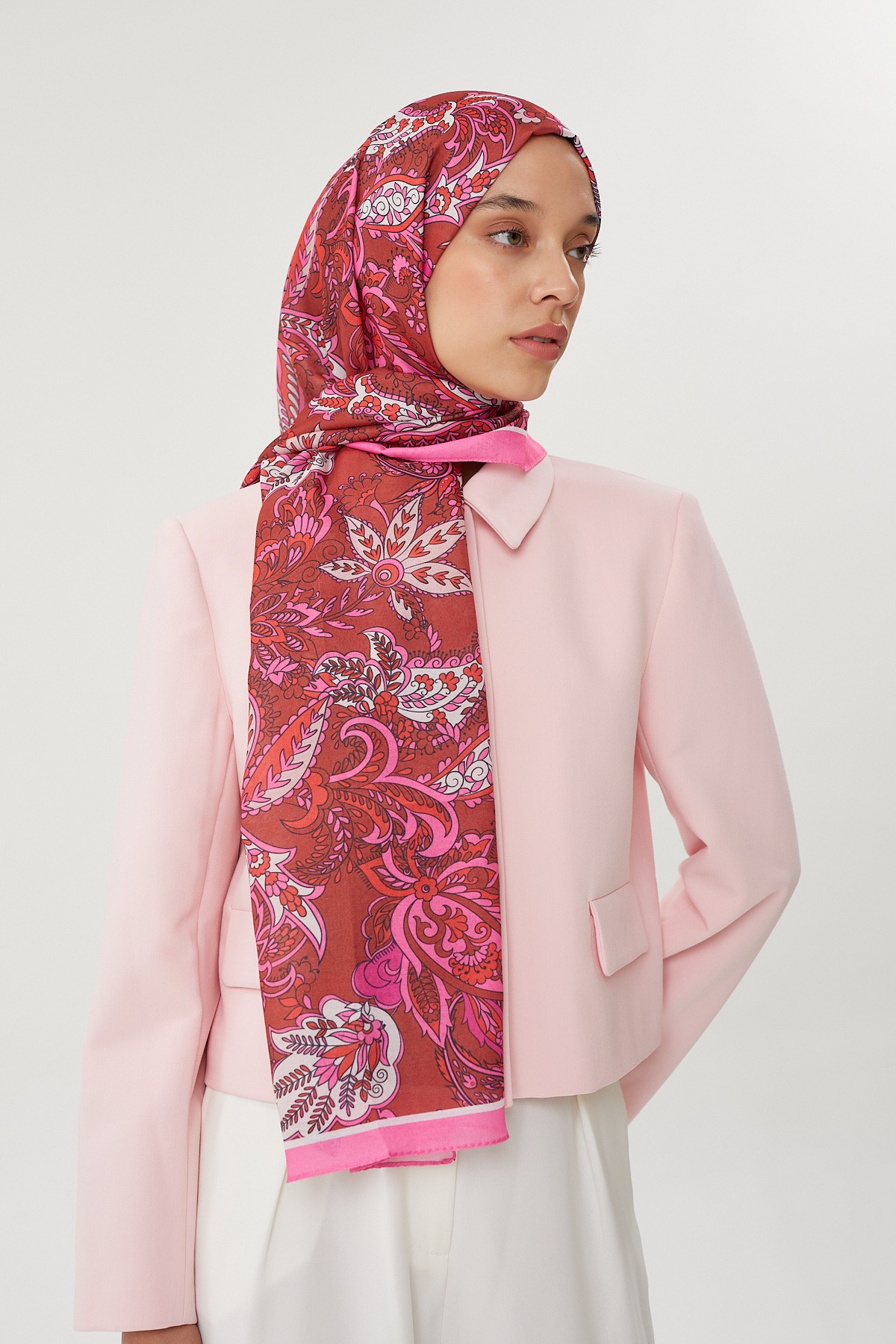 Şeker Pembe & Kiremit Retro Desen Şal	