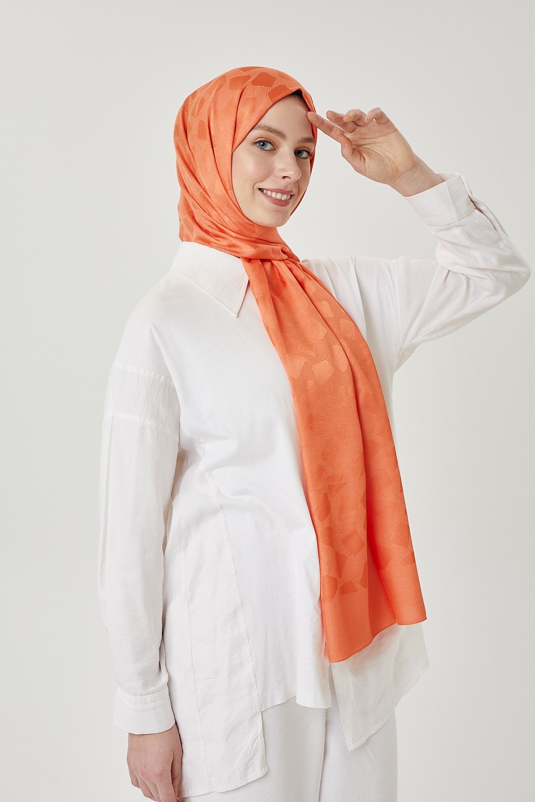 Pastel Turuncu Taş Desen İpeksi Jakar Şal	