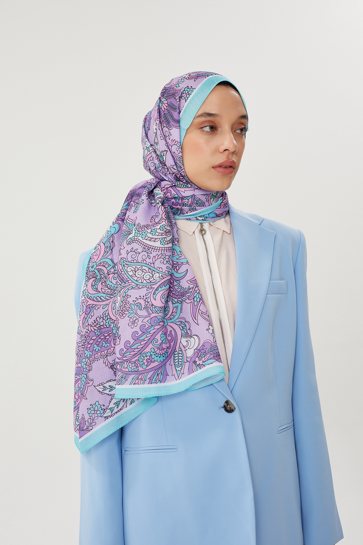 Turkuaz & Lila Retro Desen Şal	