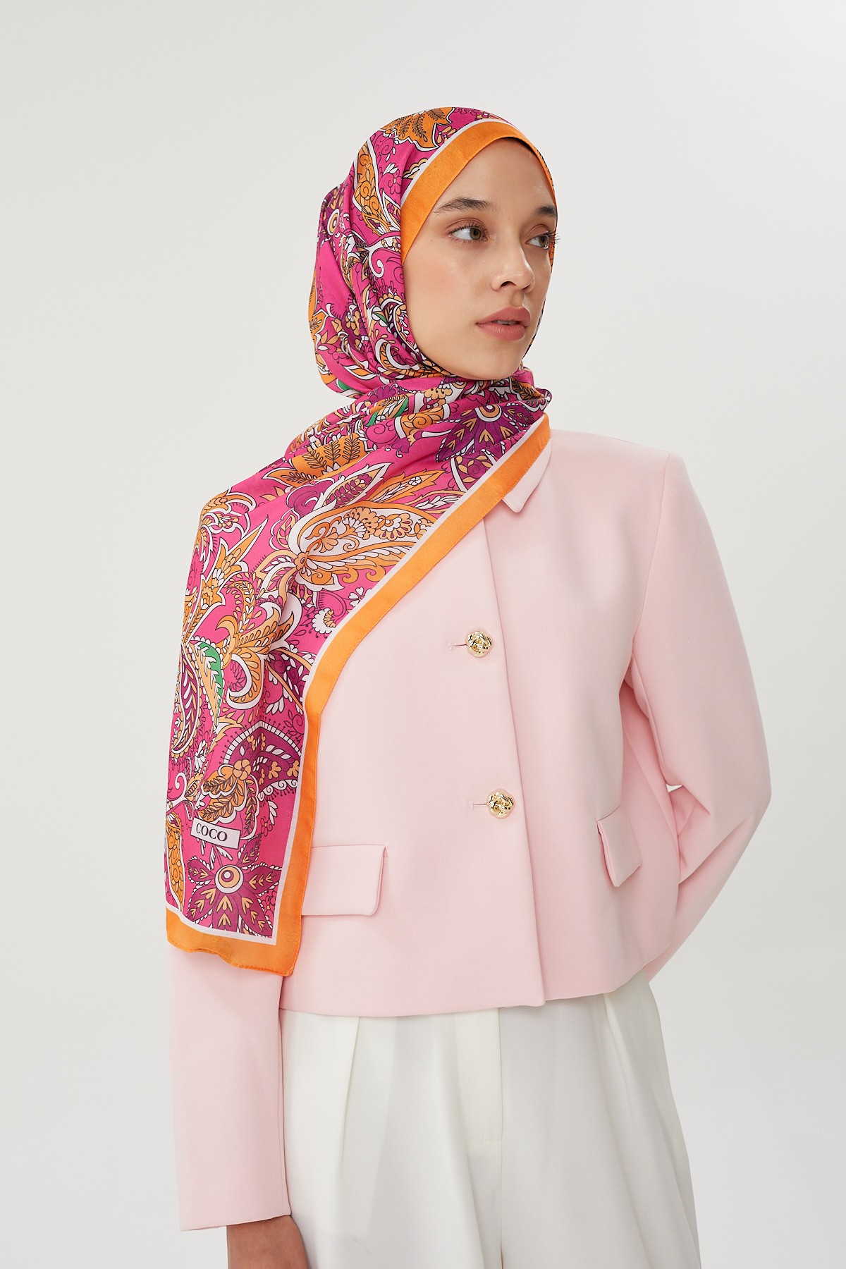 Turuncu & Fuşya Retro Desen Şal	