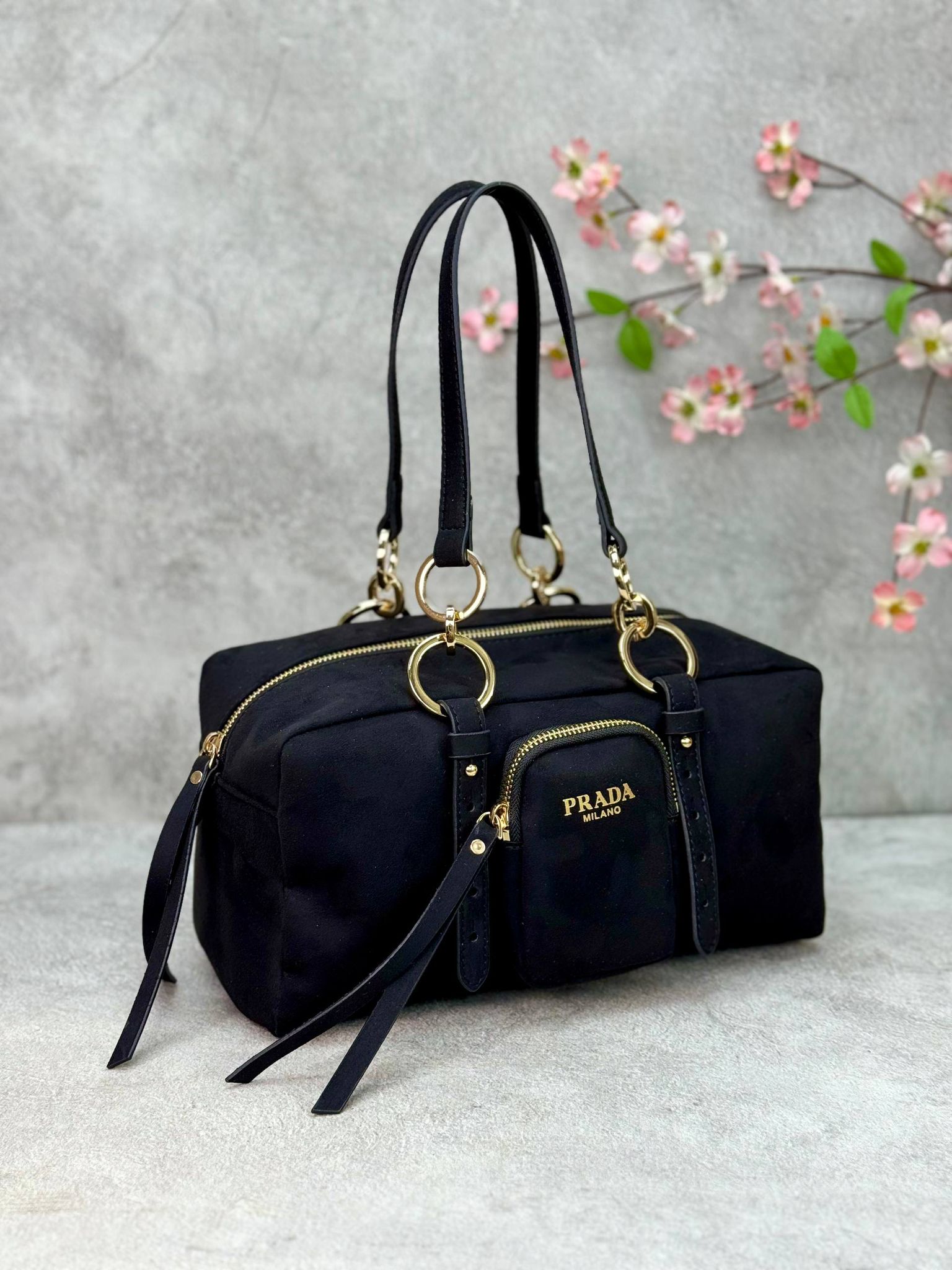 Prada Dangle Medium Shoulder Suet Bag 30x15cm  - Siyah
