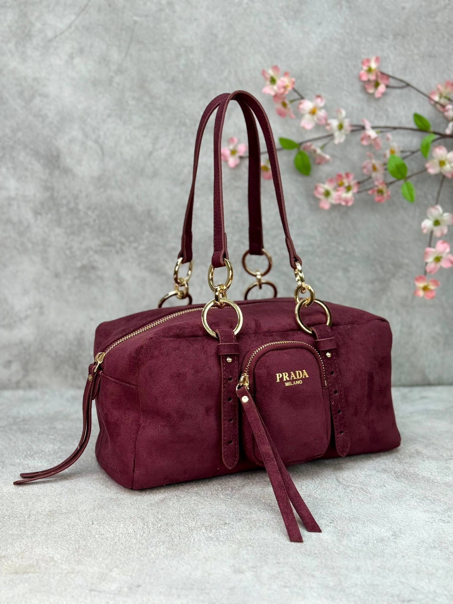 Prada Dangle Medium Shoulder Suet Bag 30x15cm  - Bordo