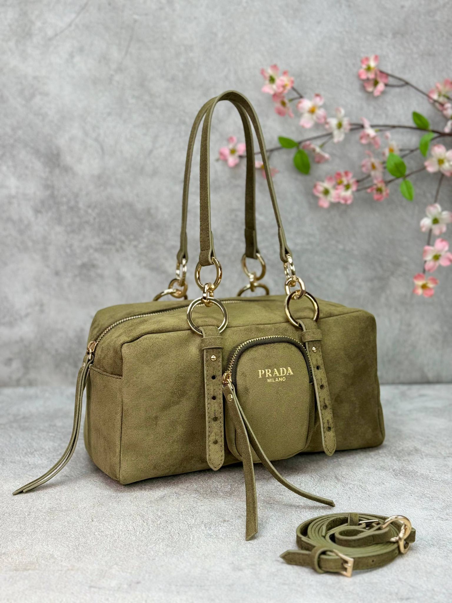 Prada Dangle Medium Shoulder Suet Bag 30x15cm  - Haki